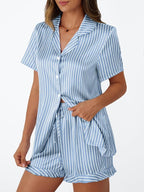 LILLUSORY Womens Satin Silk Pajamas Set 2 Piece Ruffle Pjs Winter Matching Lounge Sleepwear Button Down Striped Shirt Shorts