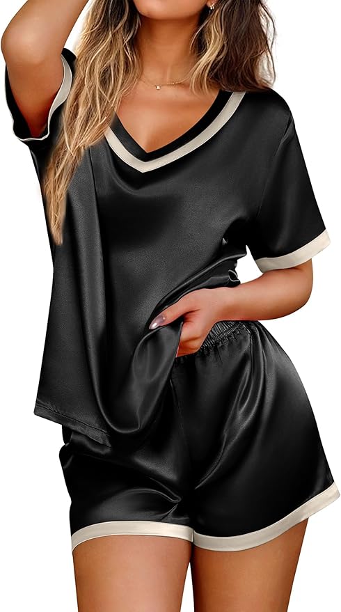 Ekouaer Silk Pajamas for Women Short Sleeve Satin Sleepwear Soft 2 Piece Pjs Shorts Set Loungewear,S-XX