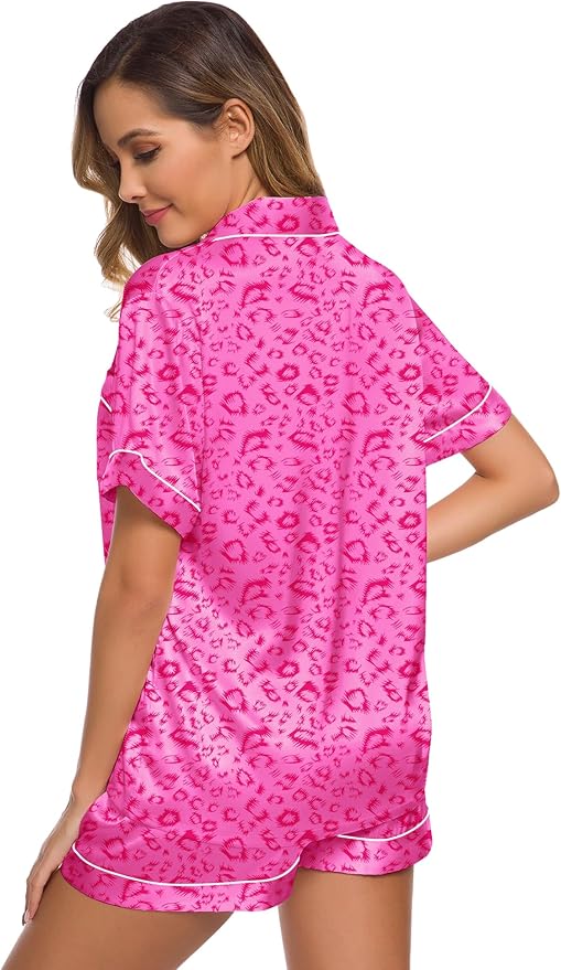 SWOMOG Womens Silk Satin Pajamas Set Short Sleeve Sleepwear Button Down Top and Shorts Loungewear 2 Piece Pjs Set XS-3XL
