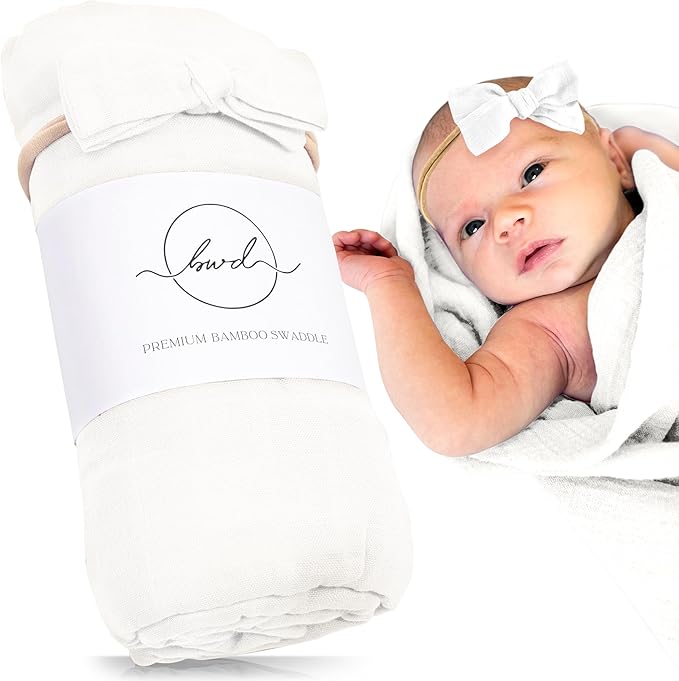 BWD Baby Swaddle Blanket – Ultra-Soft 70% Bamboo Viscose & 30% Organic Cotton Muslin – Lightweight, Breathable, Stretchy – Newborn Essential 47" (White)