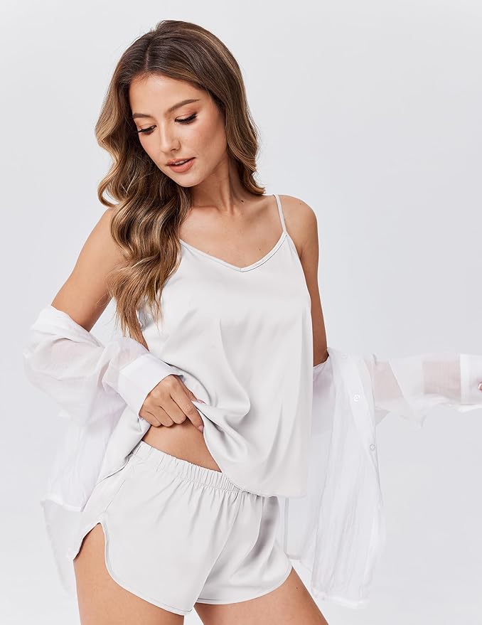 Ekouaer Satin Pajamas Set for Women Silk Cami Pjs Sets Soft Sleepwear V Neck Camisole Top and Shorts