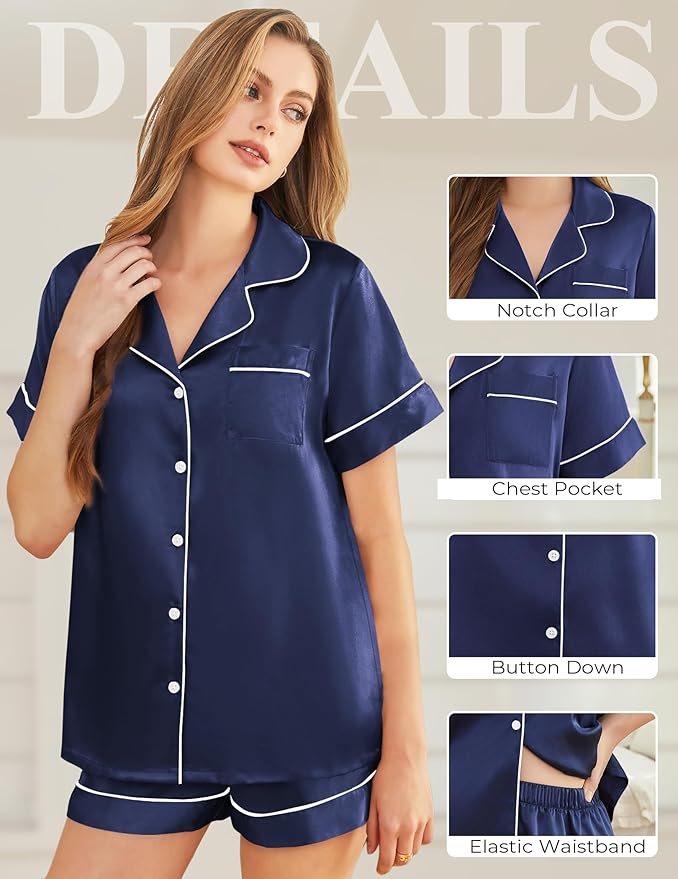 Silk Pajamas for Women Short Sleeve Sleepwear Soft Button Down Loungewear 2 Piece Satin Pjs Shorts Set S-XXL