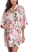 Women's Floral Satin Robes Bride Bridesmaid Getting Ready Robe Short Silky Kimono Sleepwear for Wedding Party