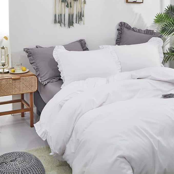 Cottonight Ruffle White Comforter Set California King Farmhouse Shabby Bedding Comforter Set Ruffled Friange White Blanket Quilts Soft Breathable Bedding Set for Cal King Bed