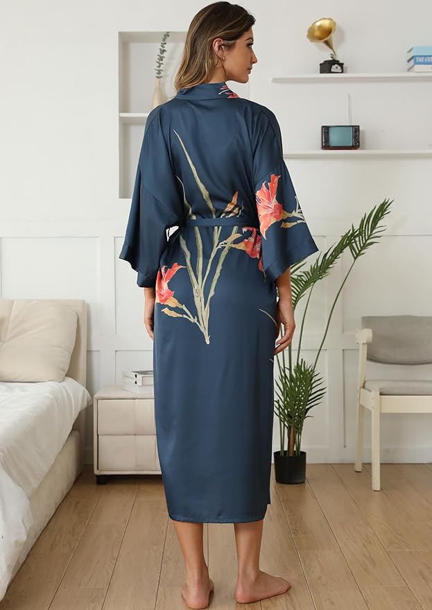 Kihnop Women's Floral Long Kimono Robe Long Satin Robe Long Silk Robe Ladies Kimonos Silky Bathrobe Cover Up, One Size