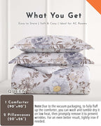 ALEISSEL Luxurious Cotton 3pcs Floral Comforter Sets Queen Size - Light Gray Comfoter with Bluish Gray & Taupe Floral and Botanical Prints, Vintage Lightweight Bedding Sets(Queen 90"×90")