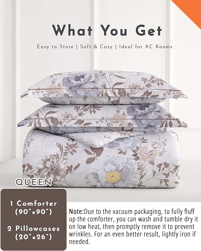 ALEISSEL Luxurious Cotton 3pcs Floral Comforter Sets Queen Size - Light Gray Comfoter with Bluish Gray & Taupe Floral and Botanical Prints, Vintage Lightweight Bedding Sets(Queen 90"×90")