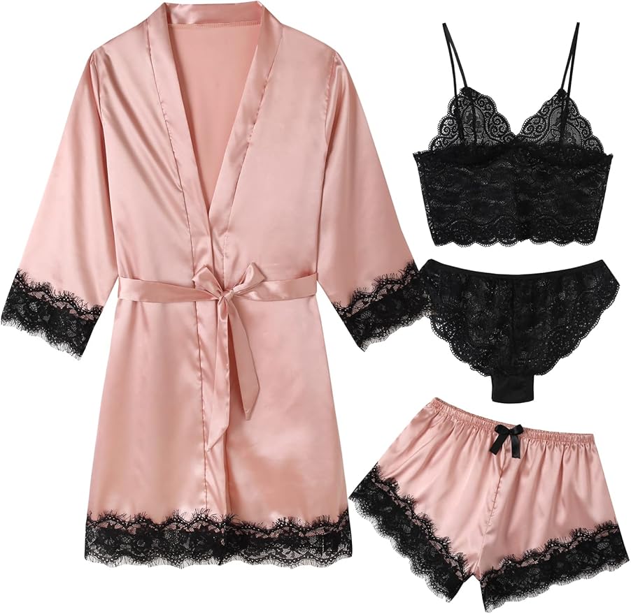 Women's Pajama Satin Sexy Lingerie Robe Set 4Pcs Pjs Silk Sleepwear Lace Cami Shorts Loungewear