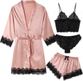 Women's Pajama Satin Sexy Lingerie Robe Set 4Pcs Pjs Silk Sleepwear Lace Cami Shorts Loungewear