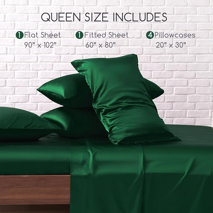 MR&HM Satin Bed Sheets, Queen Size Sheets Set, 6 Pcs Silky Bedding Set with 15 Inches Deep Pocket for Mattress (Queen, Dark Green)