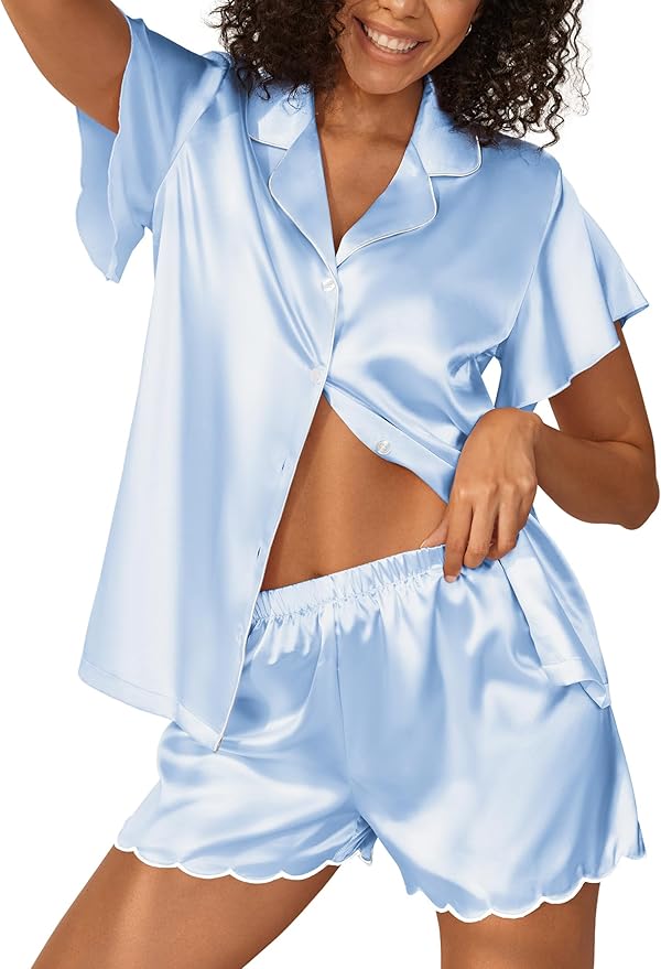 Ekouaer Women's Classic Button Down Ruffle Sleeves Short Satin Silk Pajama Set