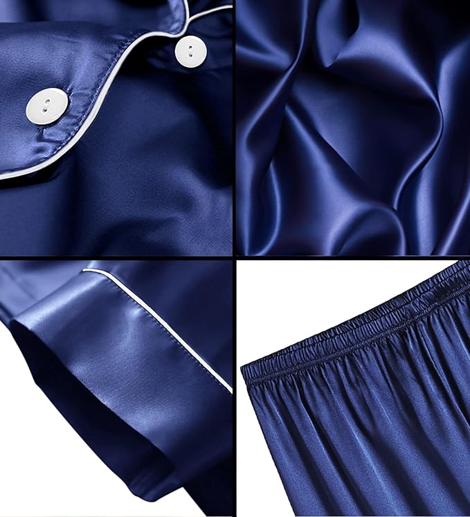 SWOMOG Satin Matching Pajamas Sets Couple Silk Button Down Nightwear Women & Men Short Sleeve Sleepwear 2 Pieces Loungewear