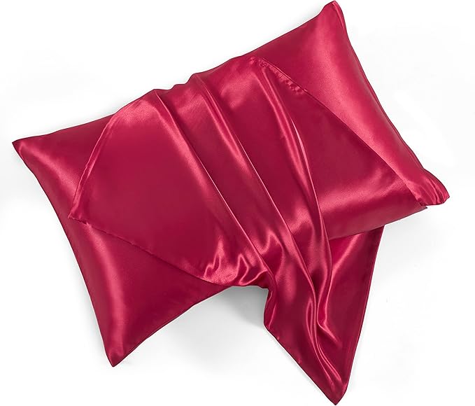 Satin Pillowcases with Zipper （20x26）,Standard Size Pillowcases Set of 2, Wine Red Silk Pillowcase for Hair and Skin