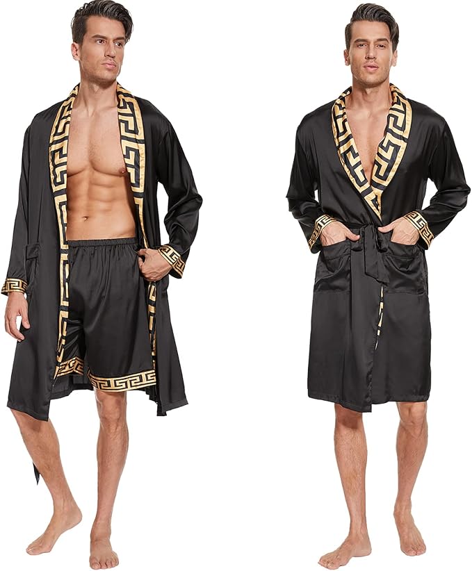 N&D Eyong Men's Luxurious Silk Feeling Bathrobes Long Sleeve Satin Kimono Robe with Shorts Sleepwear Set Printed Bathrobes…