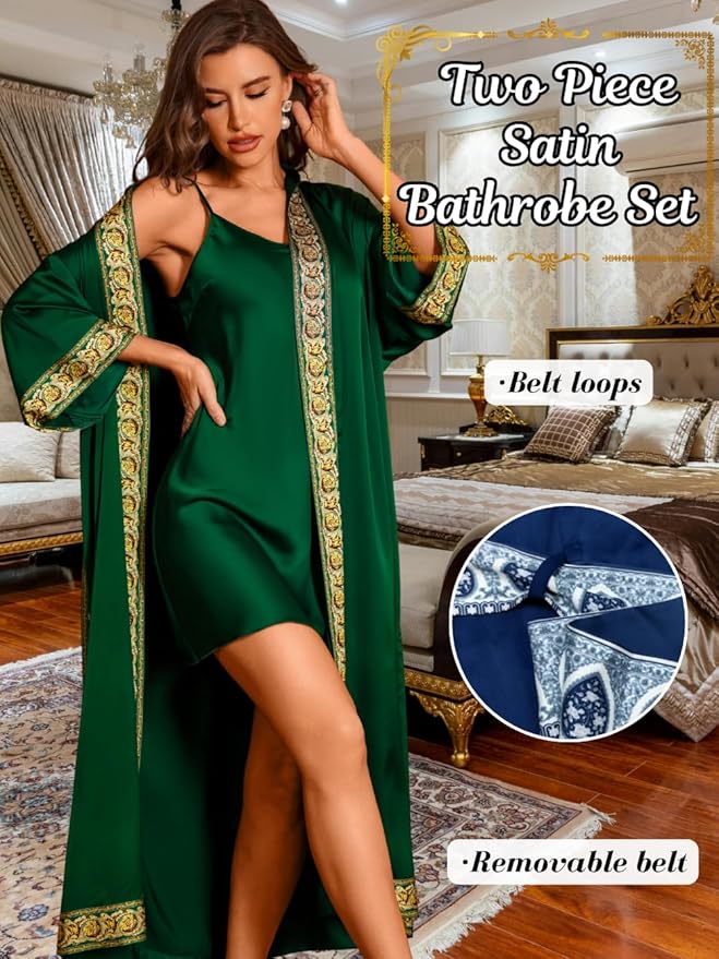 ChiaoLezhee Satin Robe Sets For Women, 2-PC Lightweight Bathrobe, Silk Sleepwear Kimono Bridesmaid Sexy Robes