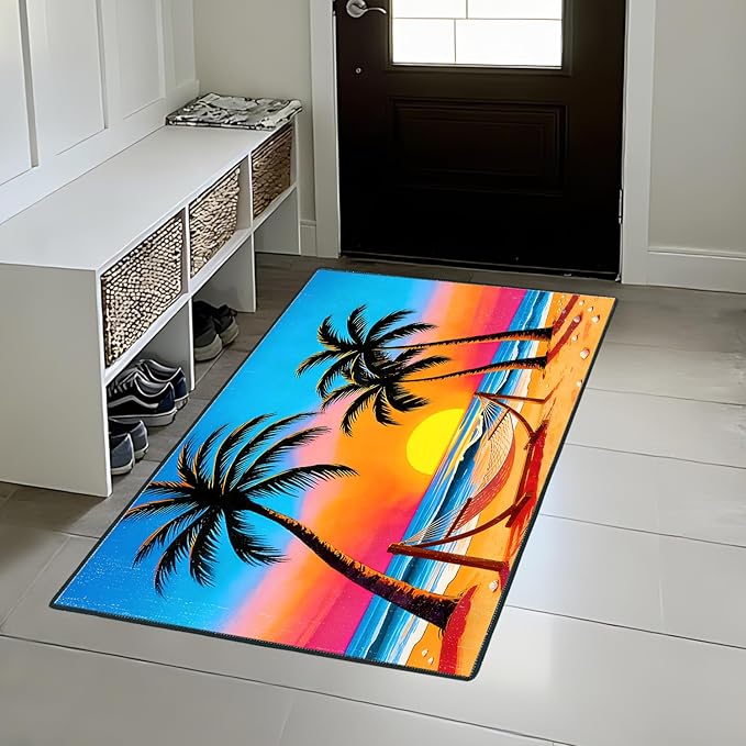 Coconut Palm Sunset Area Rug 2x3 ft Entry Rug Washable Boho Rugs Non Slip Low Pile Floral Door Mat Small Carpet for Bedroom, Bedside, Kids Room, Office, Dining Room