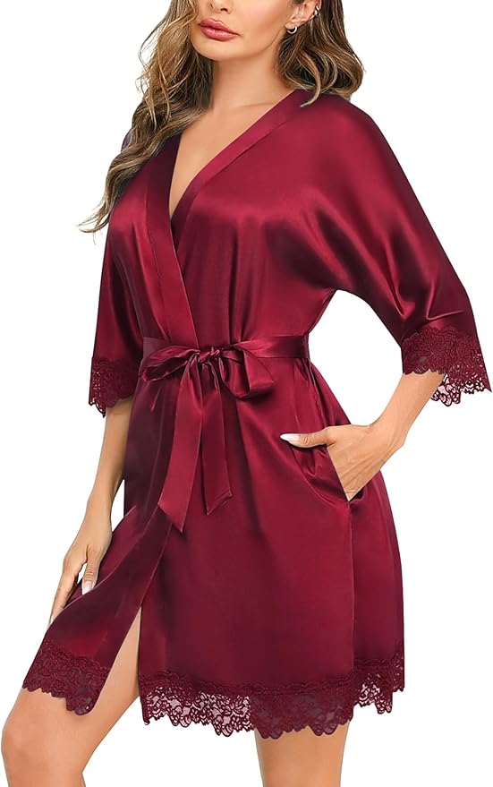 SWOMOG Women's Satin Robe Set 2 Piece Sexy Pajamas Sets Lace Cami Nightgown and Silk Robes Nightwear