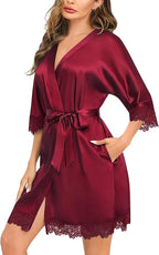 SWOMOG Women's Satin Robe Set 2 Piece Sexy Pajamas Sets Lace Cami Nightgown and Silk Robes Nightwear