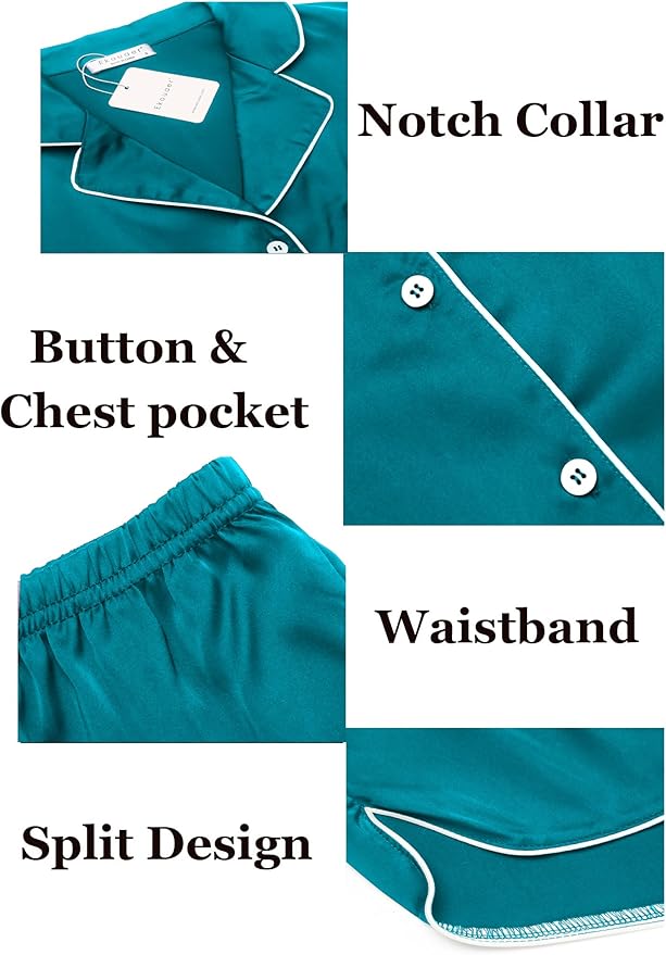 Ekouaer Womens Silk Satin Pajamas Set Short Sleeve Sleepwear Button Down Loungewear 2 Piece Pjs Shorts Set S-5X Plus Size