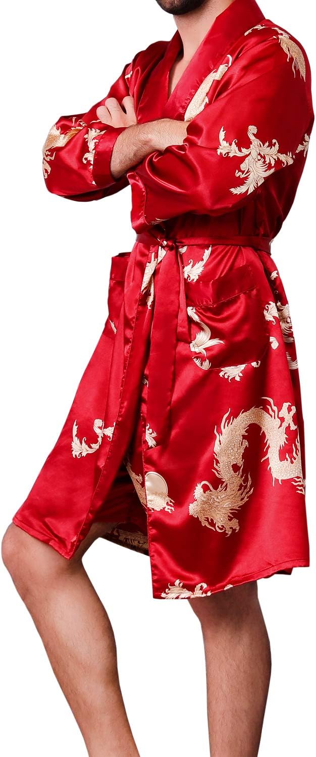 Mens Satin Robe,Silk Long Sleeve House Kimono Bathrobe,Soft Loungewear Dragon Robe