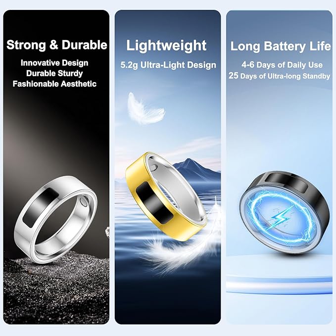 uaue Smart Ring for Women Men, Fitness Tracker Ring with Heart Rate/Women's Health/Sleep/Steps, Touch Control, Vibration Alert, IP68 Waterproof Health Ring for iPhone/Android, No Subscription,Silver 8
