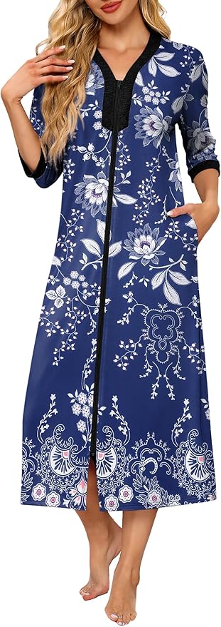 Ekouaer Women's Zipper Robe 3/4 Sleeves Housecoat Full Length Nightgown Soft Loungewear Robe with Pockets S-3XL