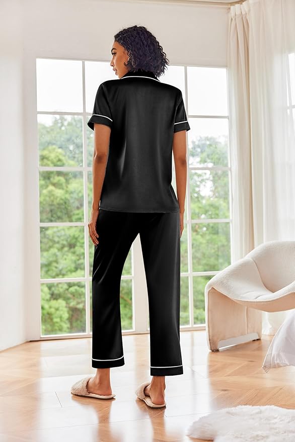 Ekouaer Silk Satin Pajamas Set Women Short Sleeve Sleepwear Soft Button Down Loungewear Pjs Set