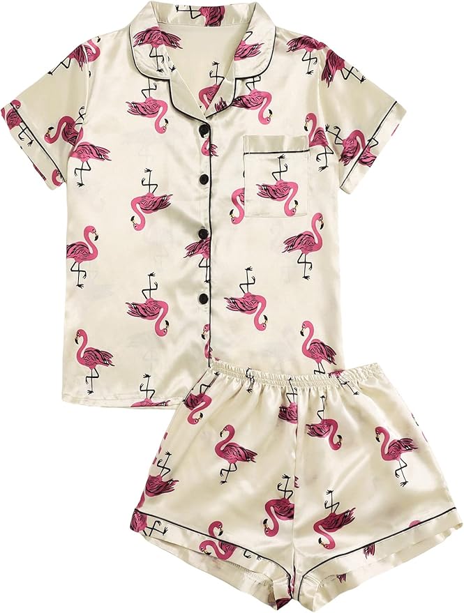 WDIRARA Women's Sleepwear Satin Short Sleeve Shirt and Shorts Pajama Set