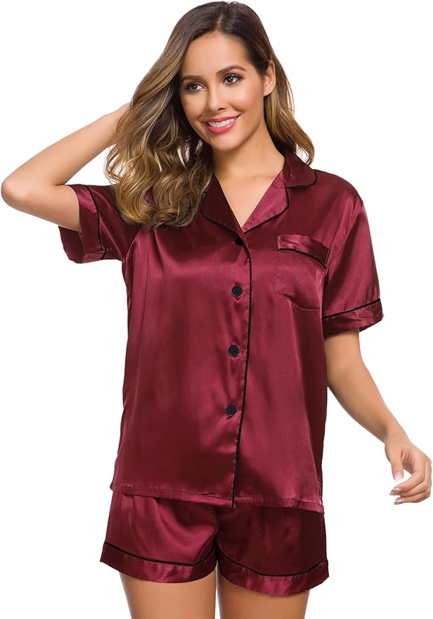 SWOMOG Womens Silk Satin Pajamas Set Short Sleeve Sleepwear Button Down Top and Shorts Loungewear 2 Piece Pjs Set XS-3XL