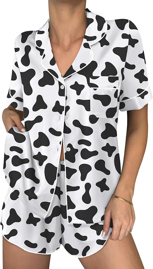 Ekouaer Womens Silk Satin Pajama Sets 2 Piece Button Down Silk Pjs Shorts Sets Cute Print Short Sleeve Sleepwear S-4XL