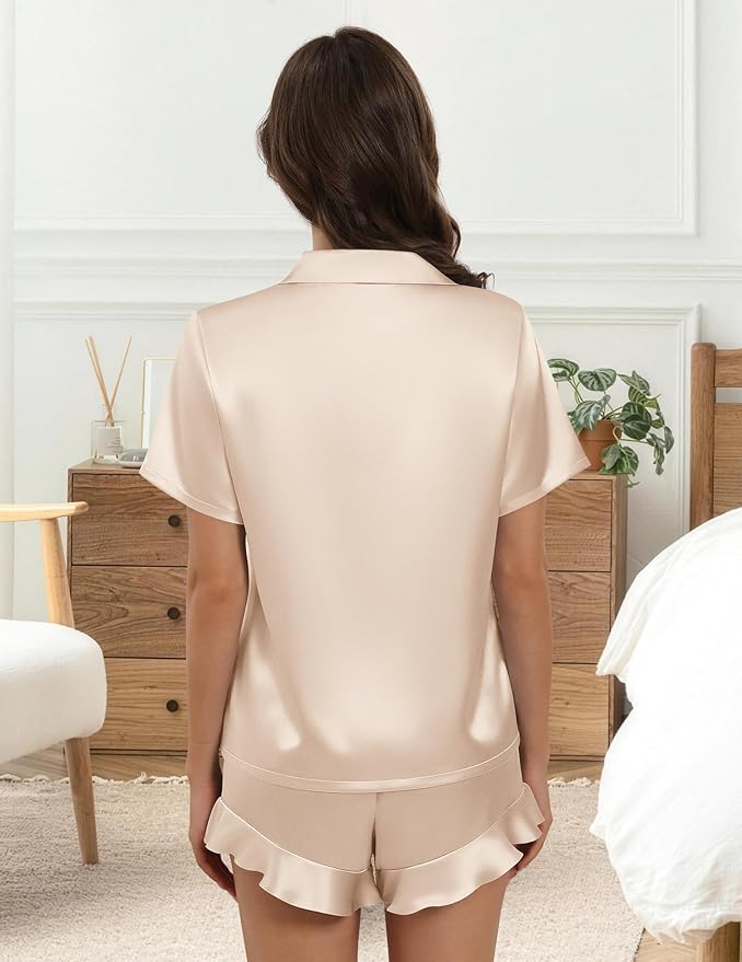Silk Pajamas for Women Button Down 2 Piece Satin Pjs Shorts Set Ruffle Notch Collar Sleepwear Loungewear