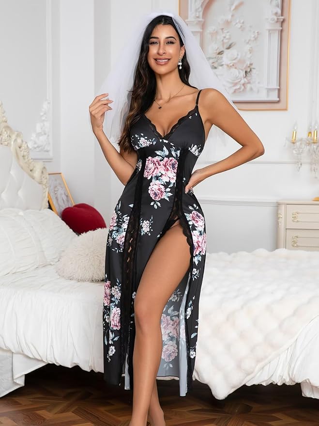 CRIPOM Lingerie Dress for Women V Neck Long Sexy Nightgowns for Women Side Split Sexy Night Gowns