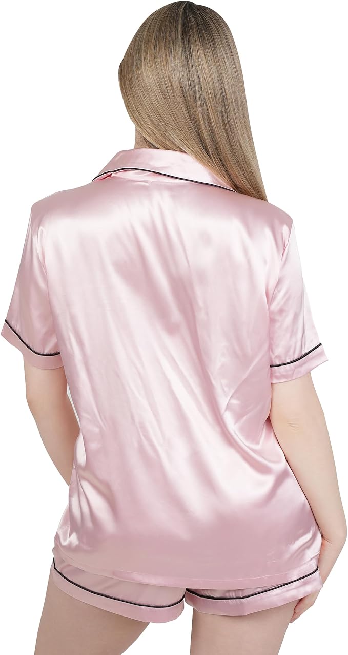 NY Threads Women's Silk Satin Pajamas Set Button Down Top and Shorts 2 Piece Sleepwear Loungewear Pjs Set