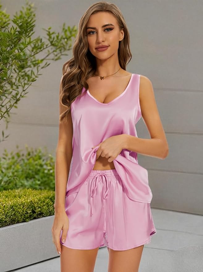 MOYEE Women Silk Pajama Set Soft Satin V Neck Tank Top and Shorts 2 Piece lounge Sets with Pockets
