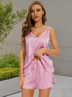 MOYEE Women Silk Pajama Set Soft Satin V Neck Tank Top and Shorts 2 Piece lounge Sets with Pockets