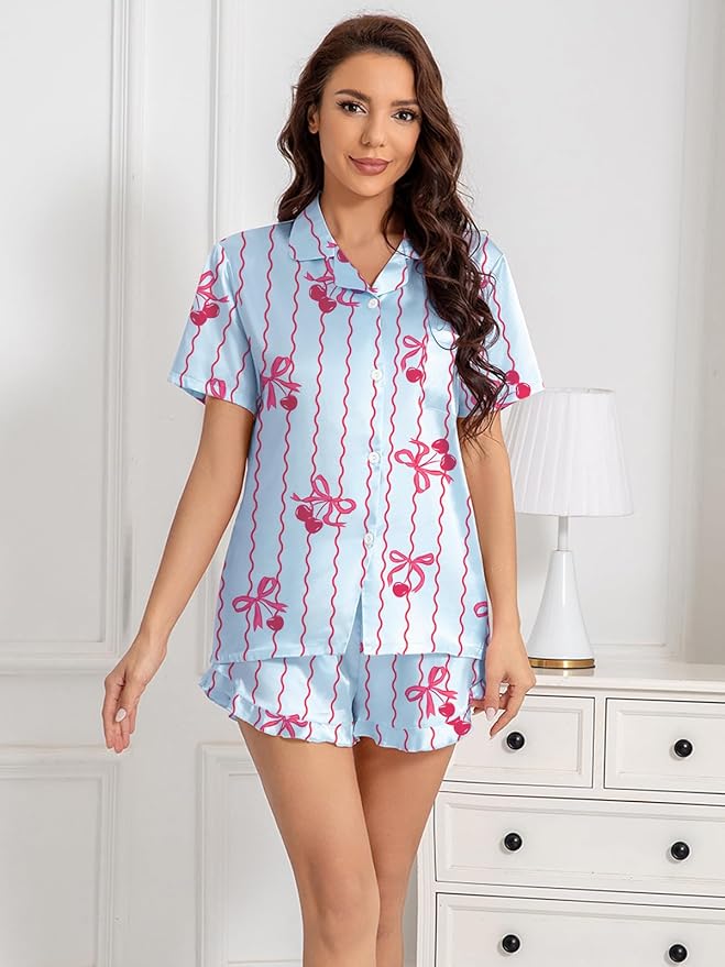 Umeyda Girls & Women Satin Pajamas Set Button Down 2 Piece Silk Pjs Shorts Set Ruffle Sleepwear, 5 Years-Women L