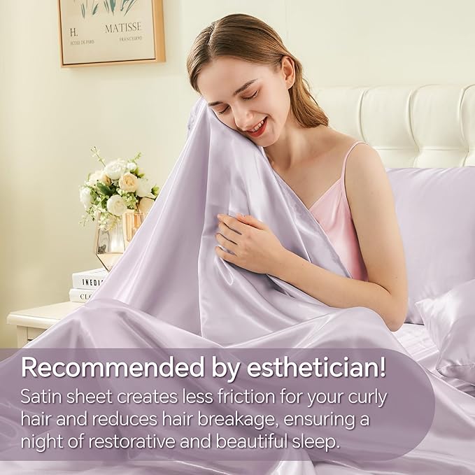 BEDELITE California King Sheets Set, Luxury Soft Lavender Satin Sheets for Hair and Skin, Similar to Silk Bed Sheets Set 4 Pieces with 1 Deep Pocket Fitted Sheet, 1 Flat Sheet, and 2 Pillowcases