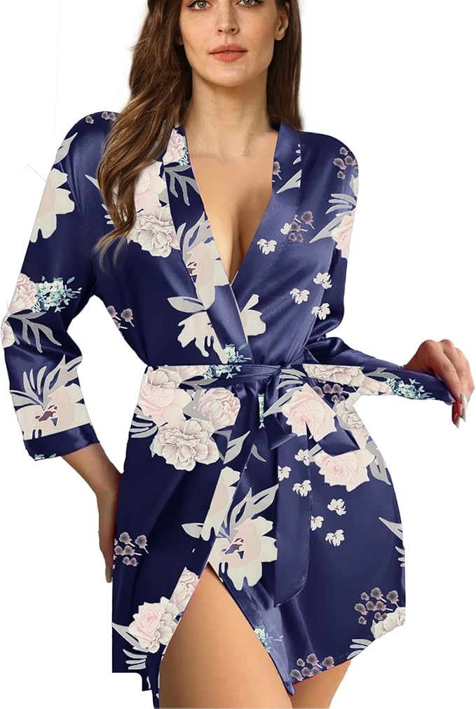 WJing Yi Jia Womens Satin Kimono Robe Silky Robes Floral Bathrobe Bride Bridesmaid Wedding Bridal Dressing Gown Loungewear