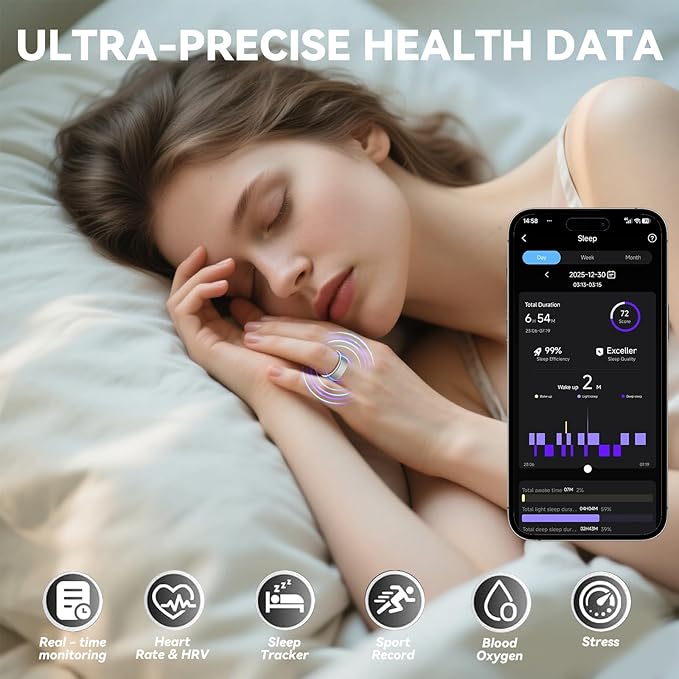 Smart Ring for Women Men,Fitness Ring with 24/7 Activity Tracking,Stress,Sleep Monitoring,No APP Subscription Fees,Compatible with iOS & Android, HarmonyOS Silver, 8#