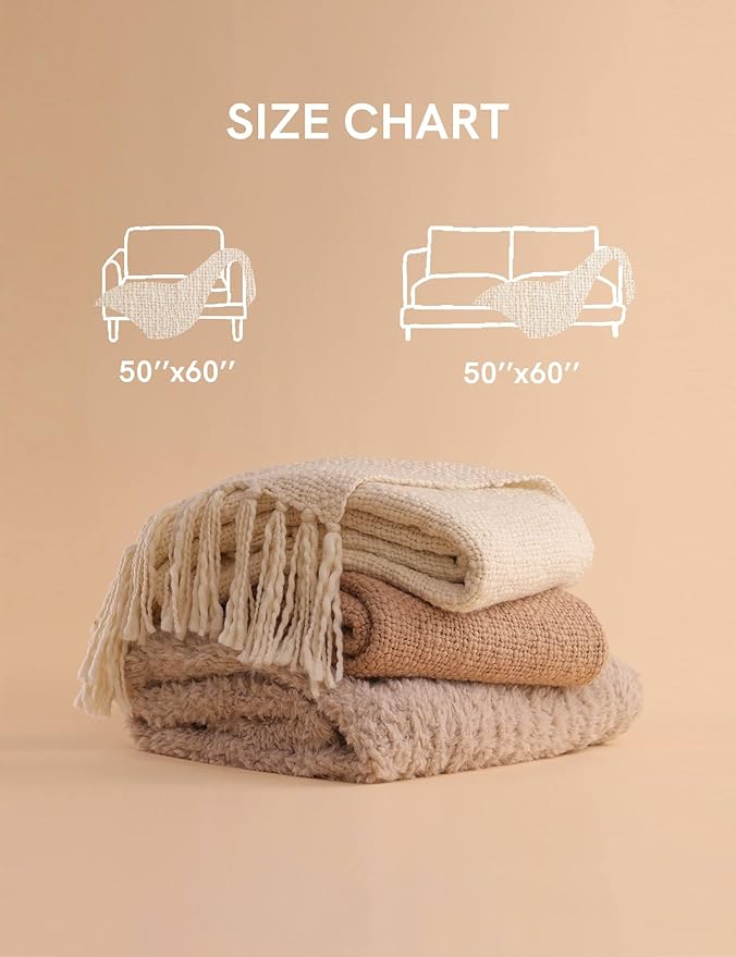 YnM Basketweave Chunky Knit Throw, Solid Neutral Vibe Textured Blanket with Tassel for Home Decor, 50 x 60 in, Beige