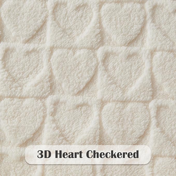 NEWCOSPLAY Super Soft King Blanket Off White Love Premium Silky Flannel Fleece 3D Heart Checkered Lightweight Bed Blanket All Season Use (Off White Love, King(90"x110"))