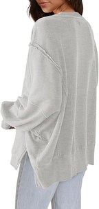 Nirovien Womens Oversized Crewneck Sweatshirt Side Slit Long Sleeve Pullover Slouchy Fit Tops