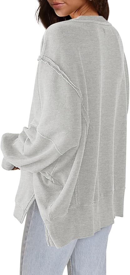 Nirovien Womens Oversized Crewneck Sweatshirt Side Slit Long Sleeve Pullover Slouchy Fit Tops