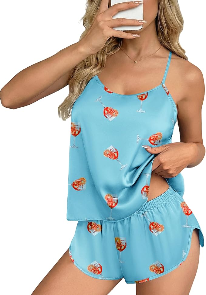 Ekouaer Silk Pajamas Set for Women Satin Backless Lingerie Pjs Cami Top and Shorts Nightwear