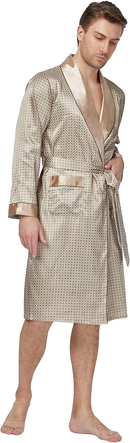 Tony & Candice Men's Satin Robe Lightweight Long Sleeve Silk Kimono Bathrobe with Shorts Set Sleepwear