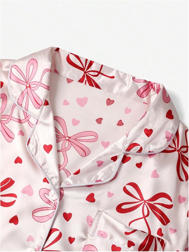WDIRARA Women's Satin Silk Shorts Pajama Set Bow Print Button Down Short Sleeve 2 Piece Sleepwear
