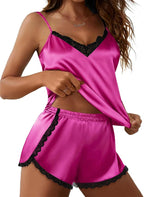 Ekouaer Satin Pajama Set for Women 2 Piece Silky Lingerie Sleepwear Lace Camisole Pj Shorts Set Soft Nightwear S-XXL