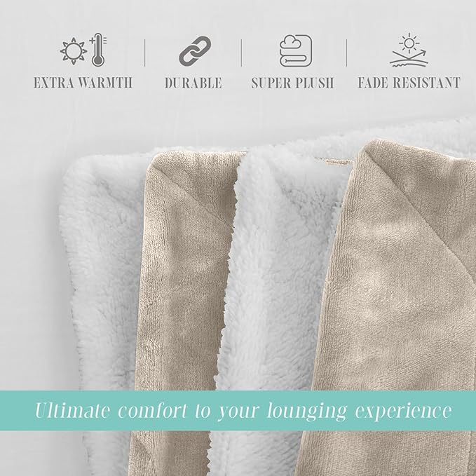 Elegant Comfort Throw Blanket, Reversible Sherpa Flannel, Ultra-Soft, Fuzzy, Cozy and Plush- All Season Lightweight Decorative Throw, 50 x 60 inches, Solid Sherpa Throw, Cream
