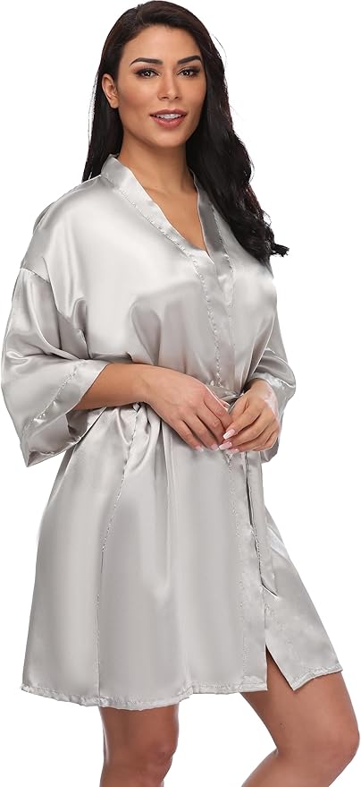 Women's Short Silky Robes Womens Satin Bathrobe Bride Bridesmaid Wedding Party Sleepwear Loungewear