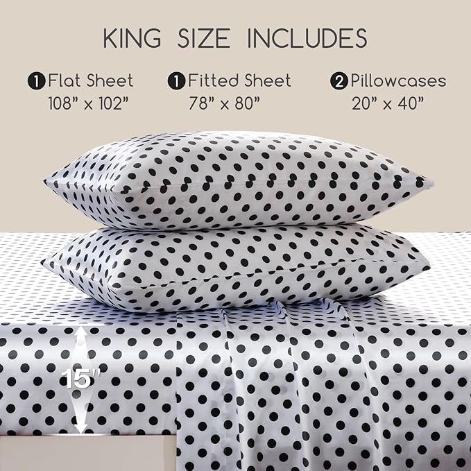 MR&HM Satin Bed Sheets with Elastic Corner Straps, King Size Sheets Set, 4 Pcs Silky Bedding Set with 15 Inches Deep Pocket for Mattress (King, Polka Dot)